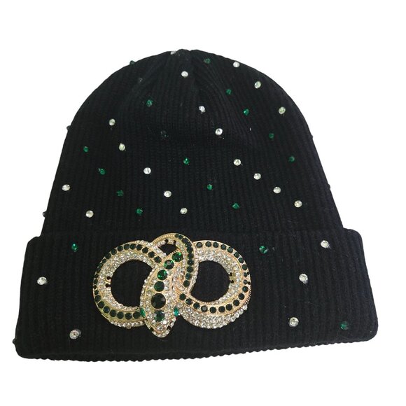 Aldo Snake Embellished Rhinestone Beanie Black Green Clear One Size - Picture 1 of 5